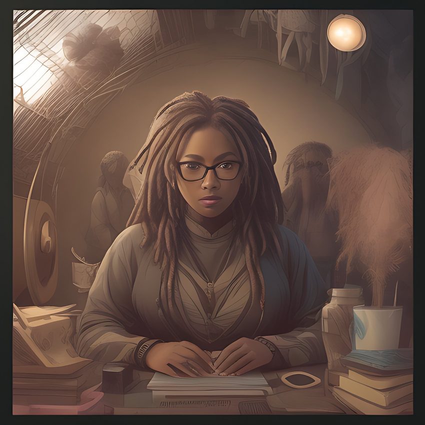 Dark-skinned young woman with eyeglasses and dreadlocks