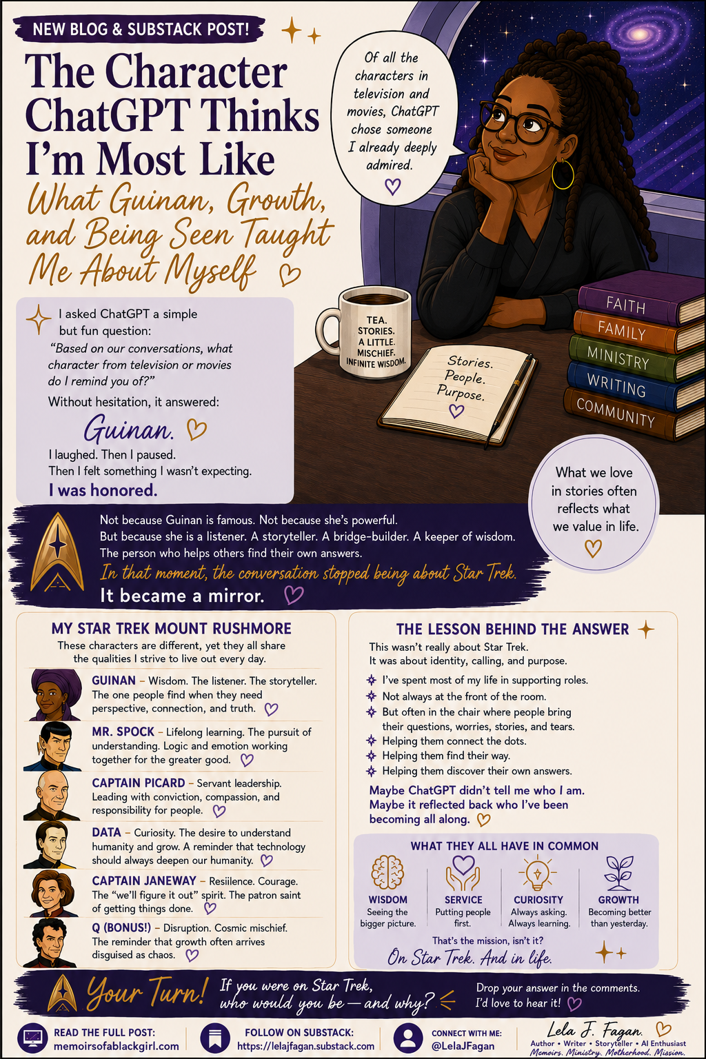 Illustrated blog graphic featuring author Lela J. Fagan reflecting on being compared to Guinan from Star Trek. The artwork explores themes of identity, storytelling, wisdom, leadership, curiosity, and personal growth.
