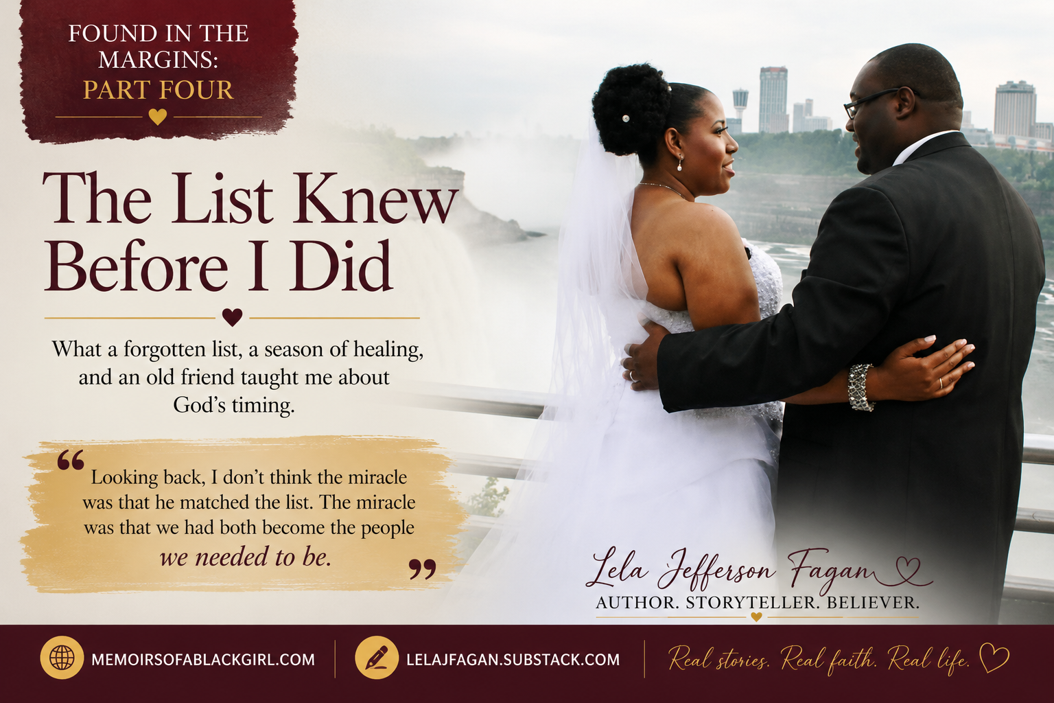 Wedding portrait of Lela and Oji Fagan standing together overlooking Niagara Falls, featured on a blog graphic titled "The List Knew Before I Did," part of the Found in the Margins series about healing, faith, friendship, and God's timing.