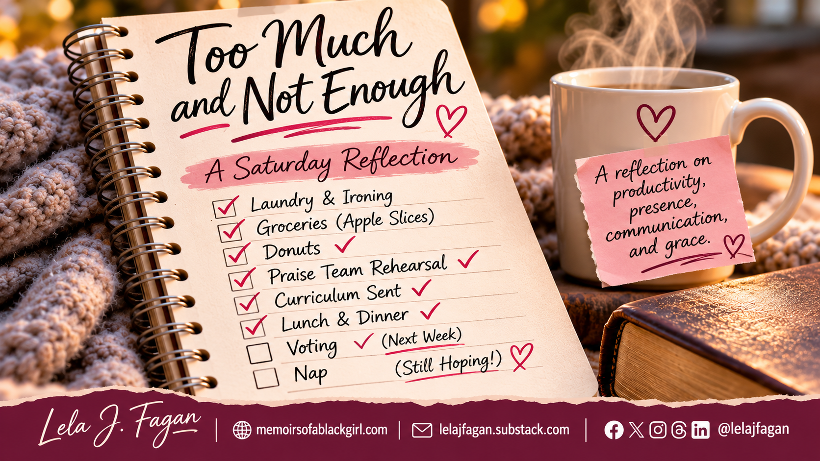 Cozy notebook featuring a Saturday checklist, a warm mug