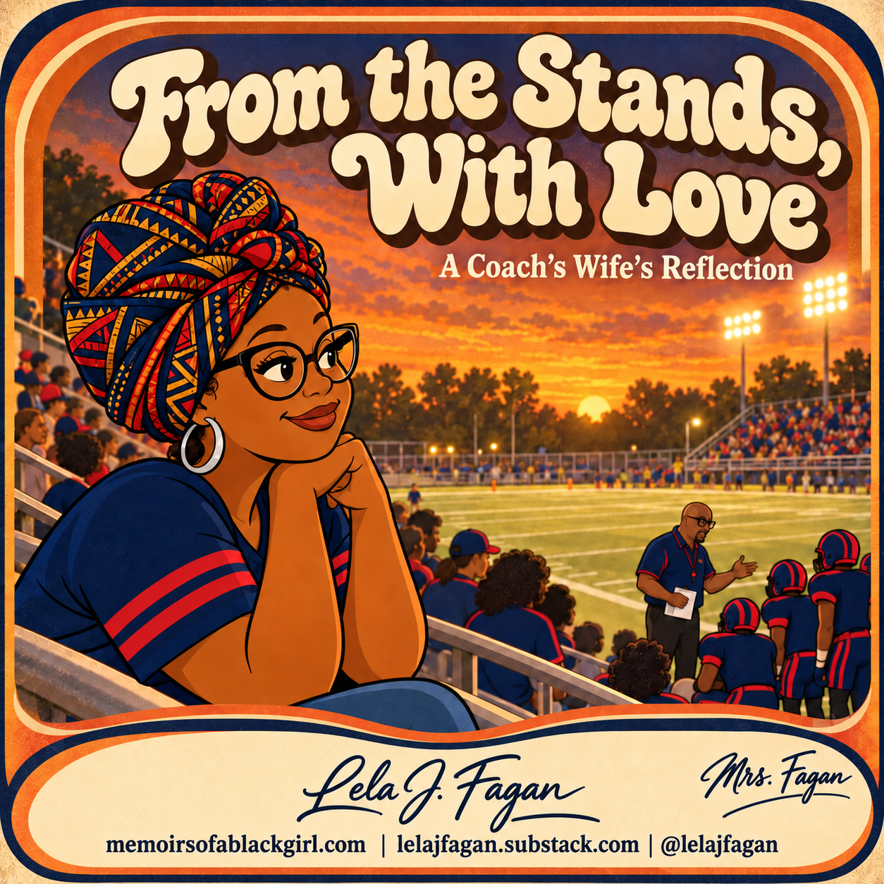Retro illustration of a Black coach’s wife wearing an African head wrap and glasses in football stands, with a coach and players in navy and red below.